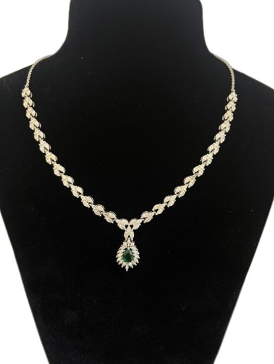 Diamond Style Silver Necklace Set - with CZ & Green Colour Stone
