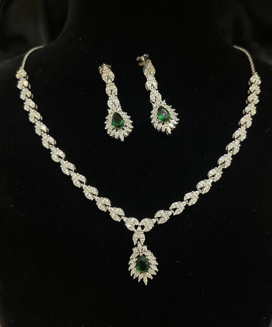 Diamond Style Silver Necklace Set - with CZ & Green Colour Stone