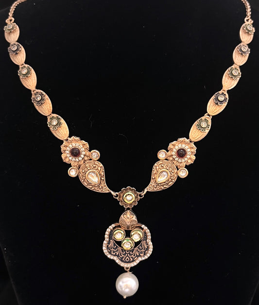 Kundan Style Silver Necklace Set in Rose Gold Plating