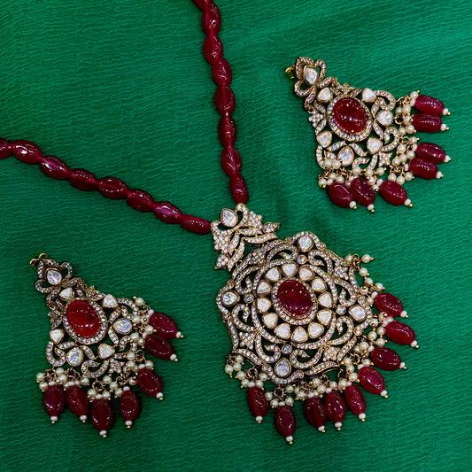 Silver Kundan-Polki Look Necklace with Red Coloured Stones and CZ