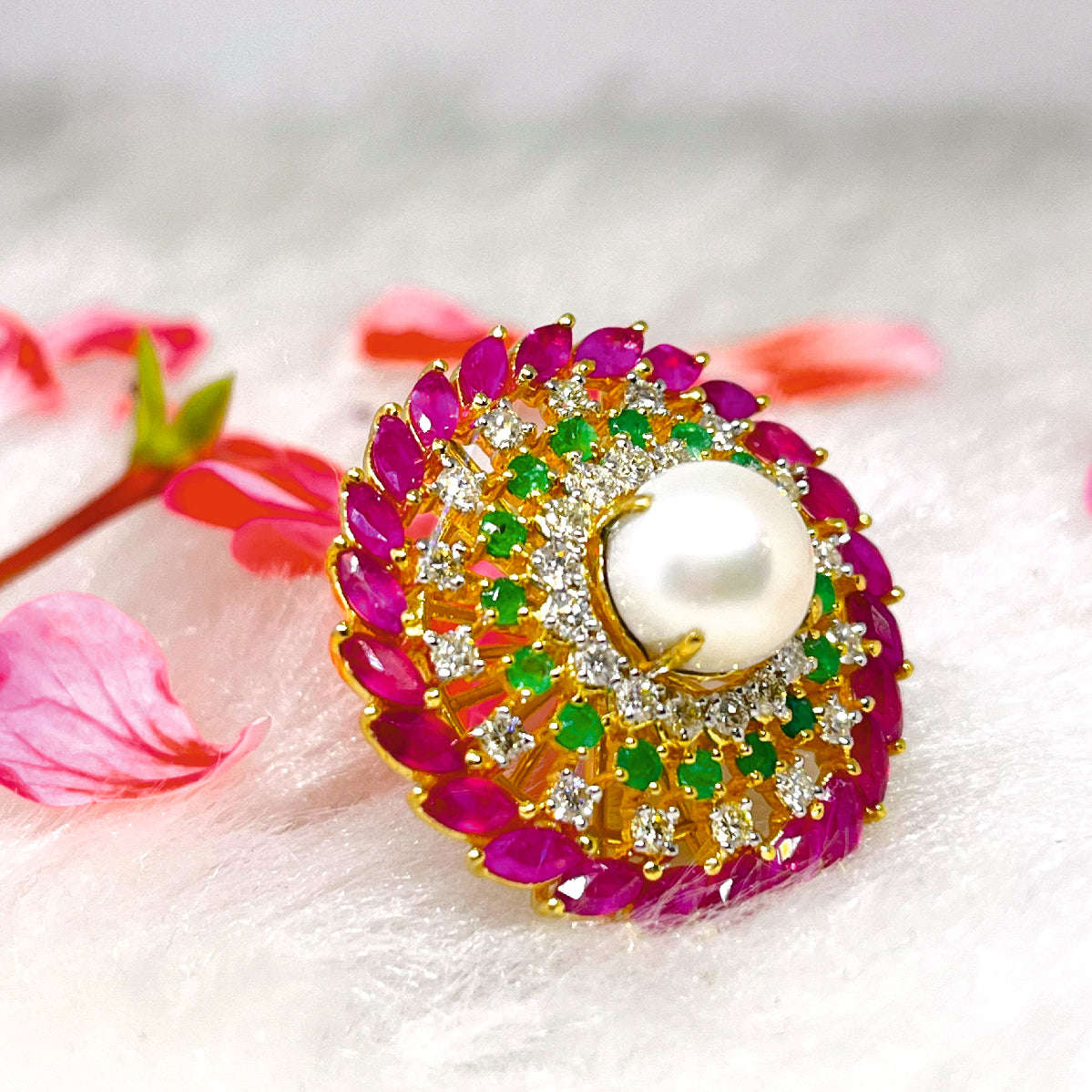 Diamond-Ruby-Emerald-Pearl Cocktail Ring in 14KT Gold