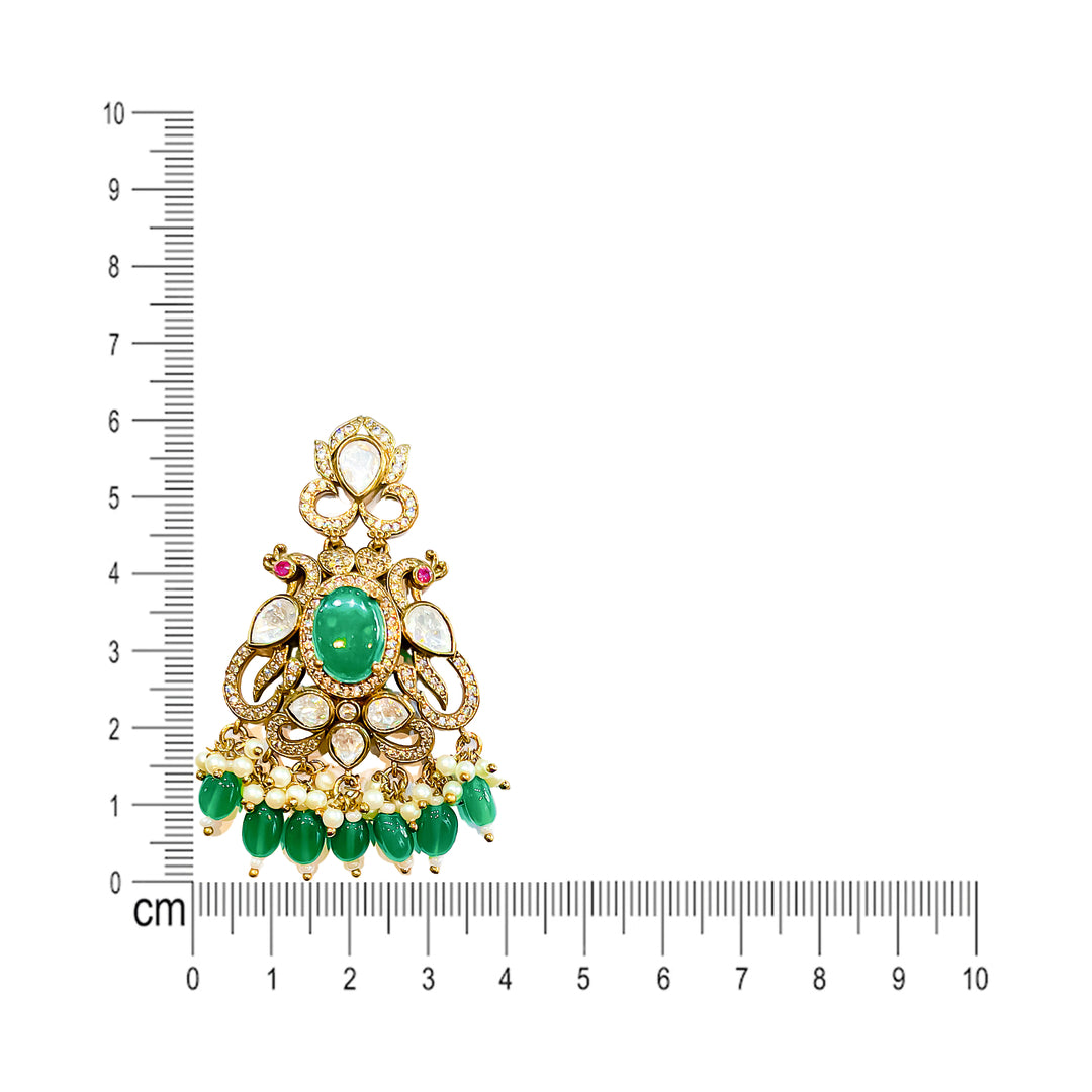 Antique Silver Necklace with Green Colored Stones, Polki-Look Stones & CZ