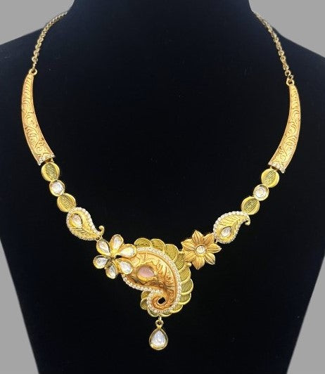 Kundan Style Silver Necklace Set in Gold Polish