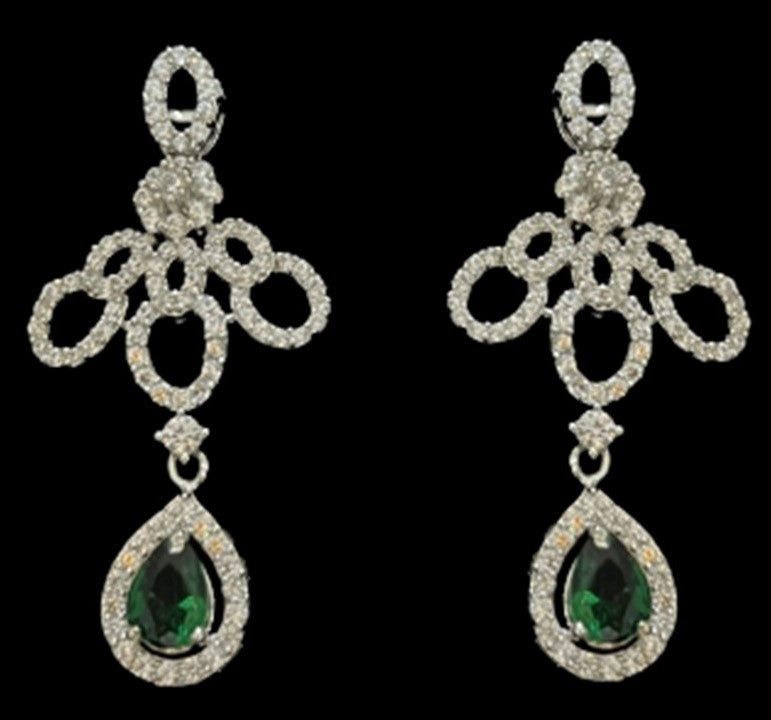 Diamond look Silver Necklace Set with Green Drops