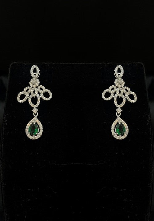 Diamond look Silver Necklace Set with Green Drops