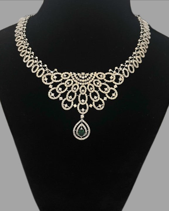 Diamond look Silver Necklace Set with Green Drops