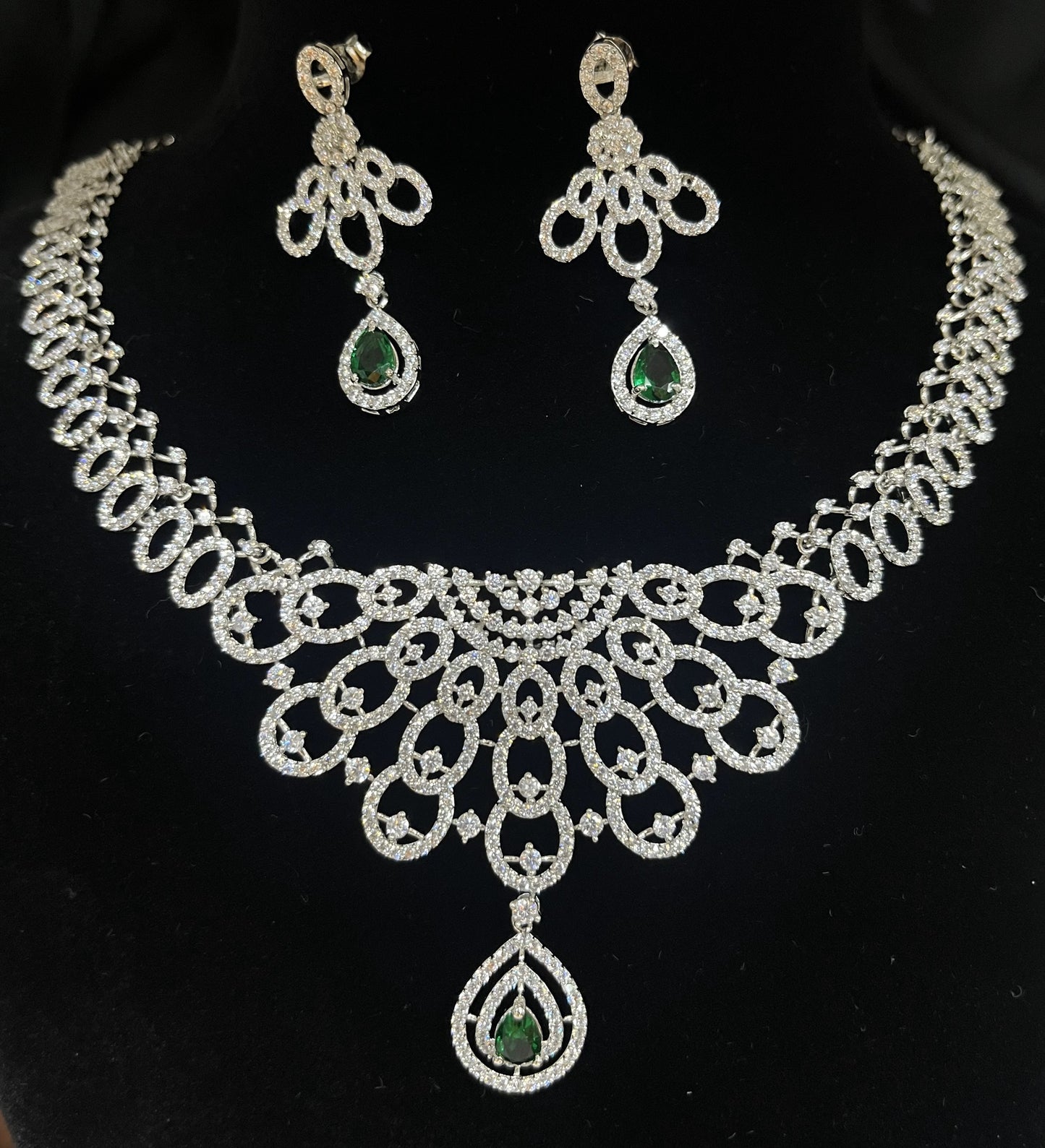 Diamond look Silver Necklace Set with Green Drops