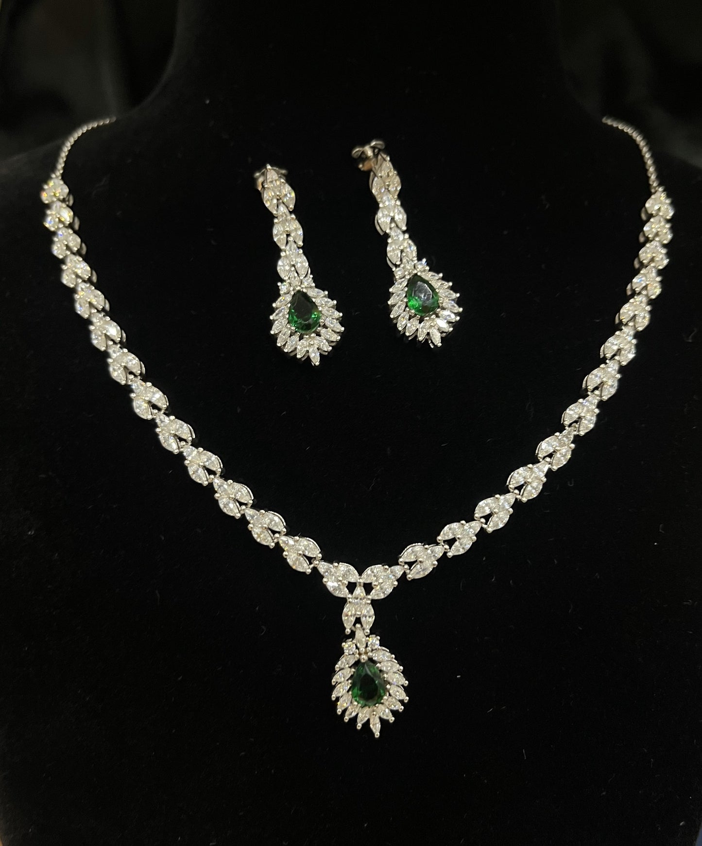 Diamond Style Silver Necklace Set - with CZ & Green Colour Stone