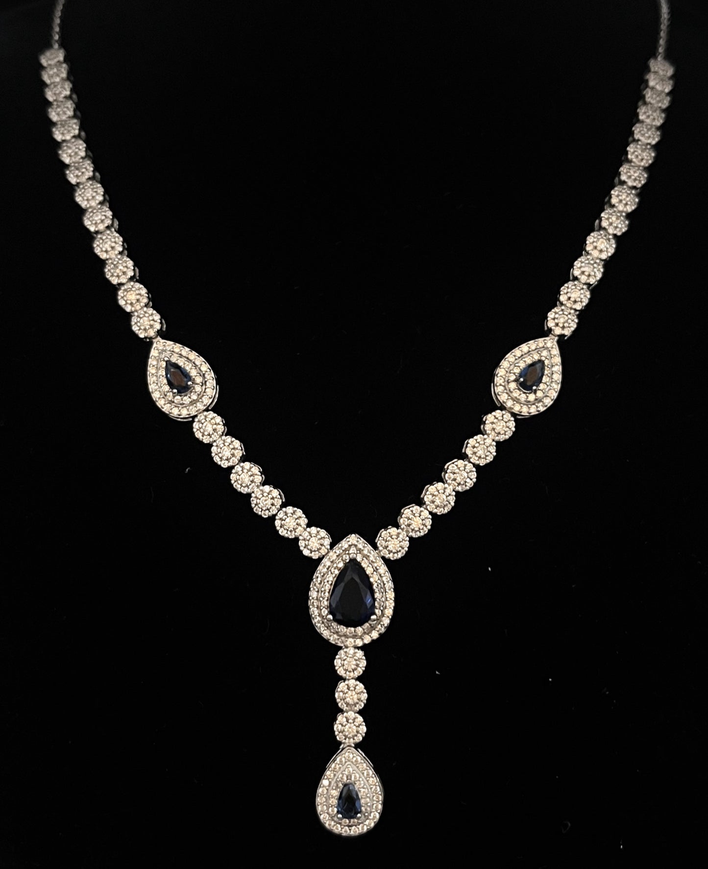 Silver Necklace Set with CZ & Blue Stones (Diamond Look)