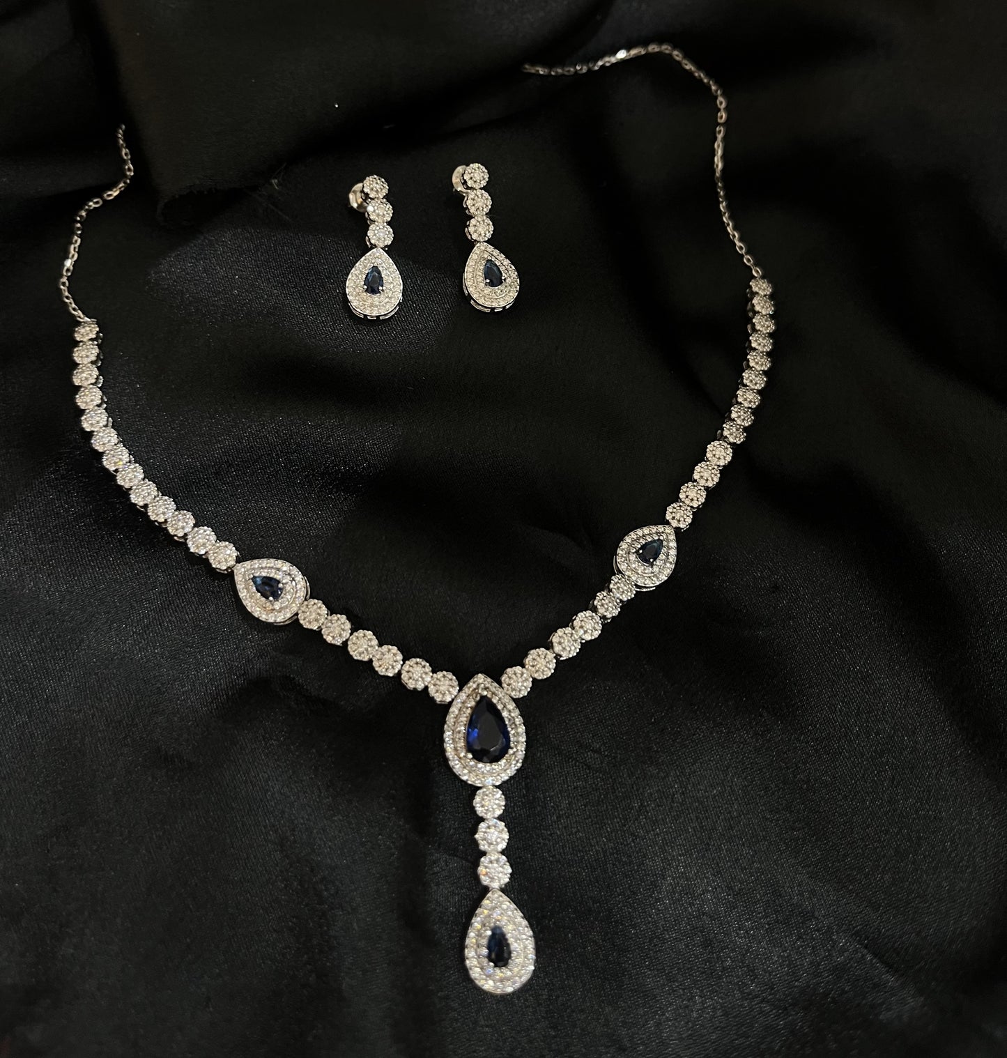 Silver Necklace Set with CZ & Blue Stones (Diamond Look)