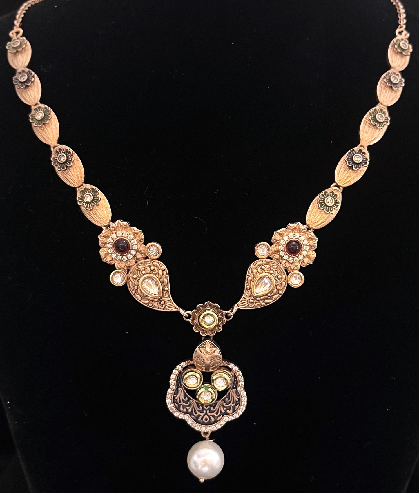 Kundan Style Silver Necklace Set in Rose Gold Plating