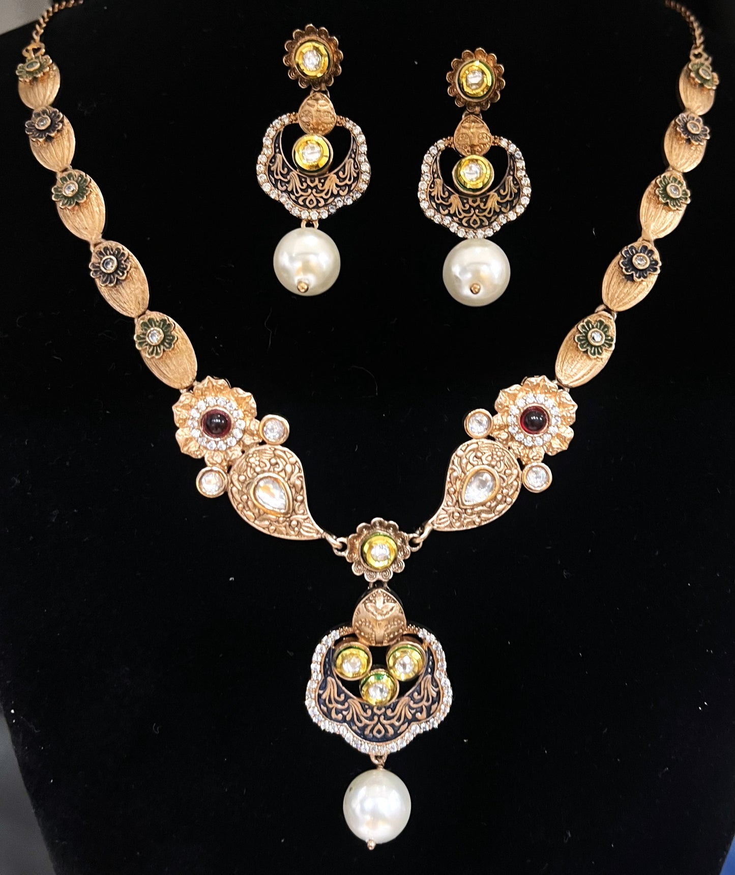 Kundan Style Silver Necklace Set in Rose Gold Plating