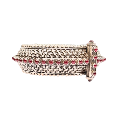 Roshan's Solid Antique 925 Silver Bracelet (Kada) - Red Stones