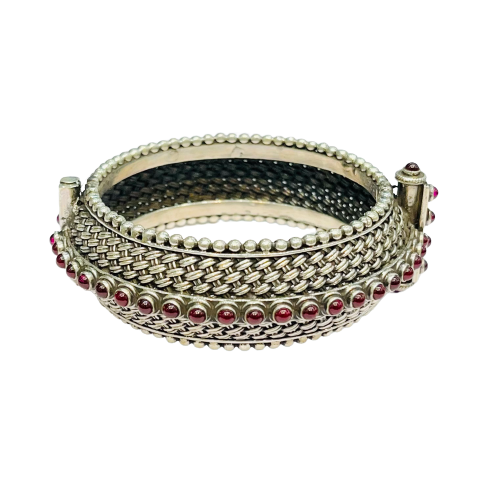 Roshan's Solid Antique 925 Silver Bracelet (Kada) - Red Stones