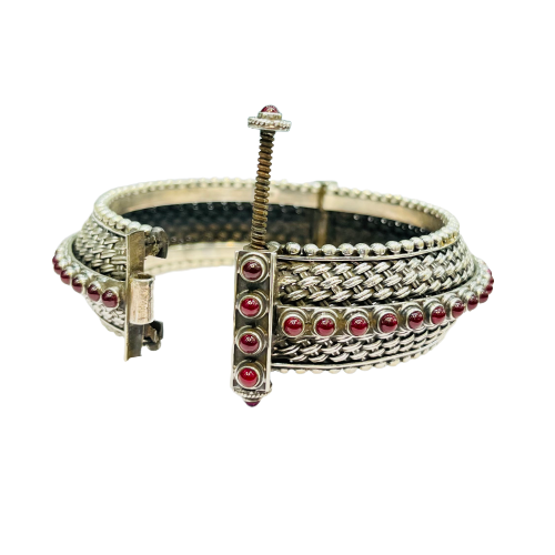 Roshan's Solid Antique 925 Silver Bracelet (Kada) - Red Stones