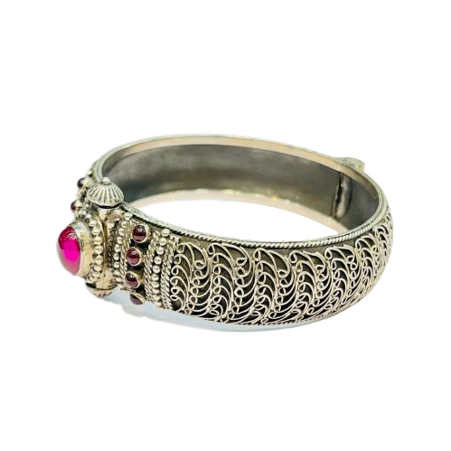 Roshan's Antique 925 Silver Bracelet (Kada) - Red Stones