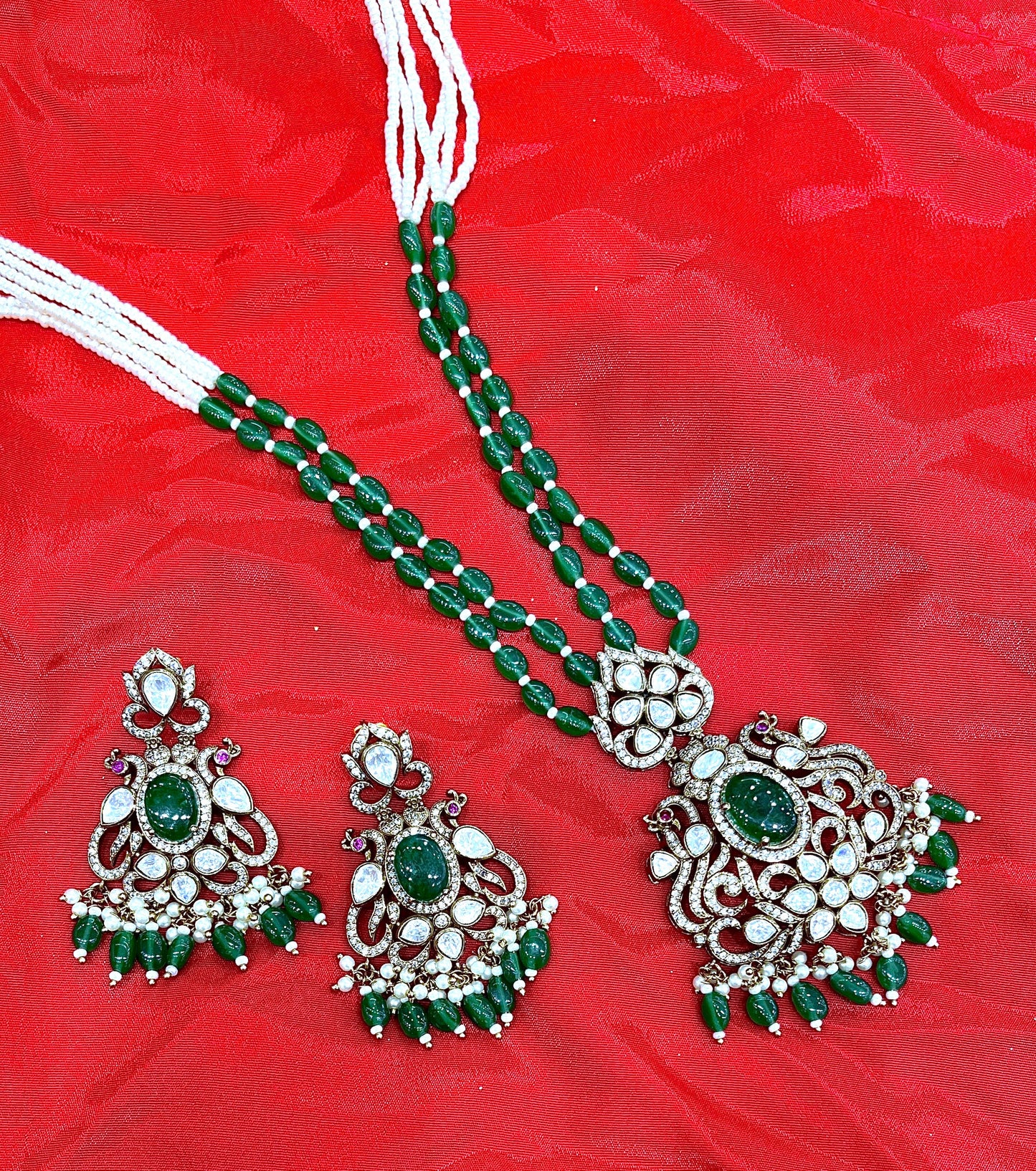 Antique Silver Necklace with Green Colored Stones, Polki-Look Stones & CZ