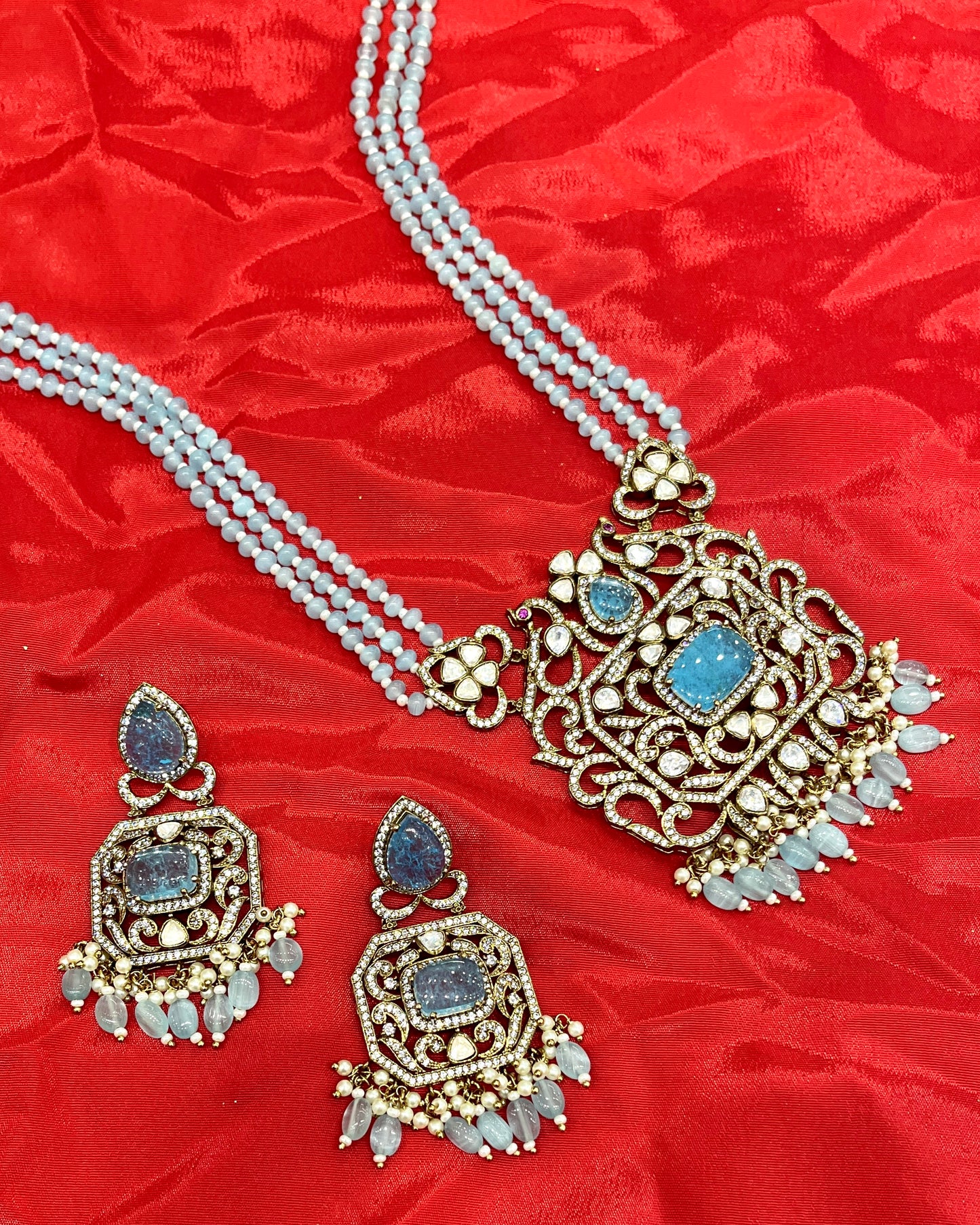 Silver Kundan-Polki Look Necklace with Blue Turquoise Stones and CZ