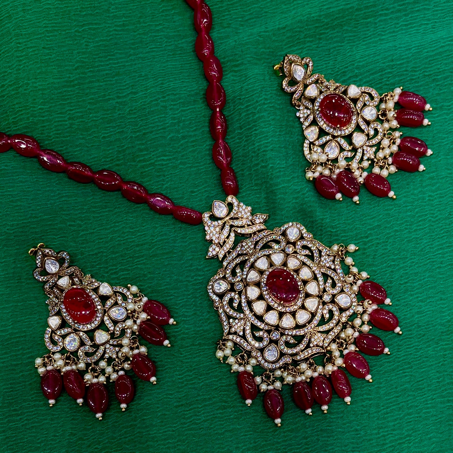 Silver Kundan-Polki Look Necklace with Red Coloured Stones and CZ