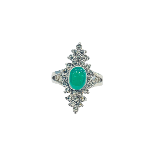 Alex 925 Silver Antique Ring with Green Center Stone