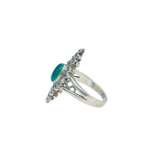 Alex 925 Silver Antique Ring with Green Center Stone