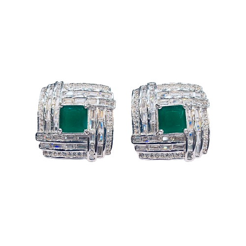 Roshan's Square 925 Sterling Silver Earrings with Green Stone & CZ