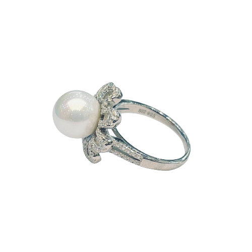 Roshan's 925 Silver & Pearl Cocktail Ring Studded with CZ