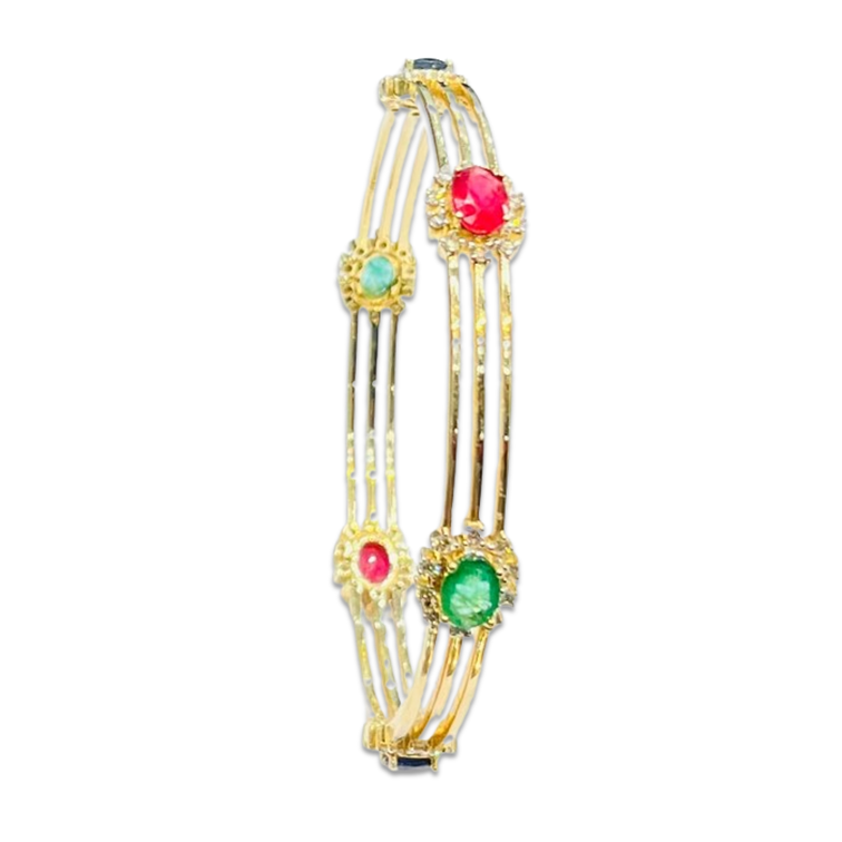 Roshan's Diamond-Ruby-Emerald-Sapphire Bangles (Pair) - Studded in Yellow Gold