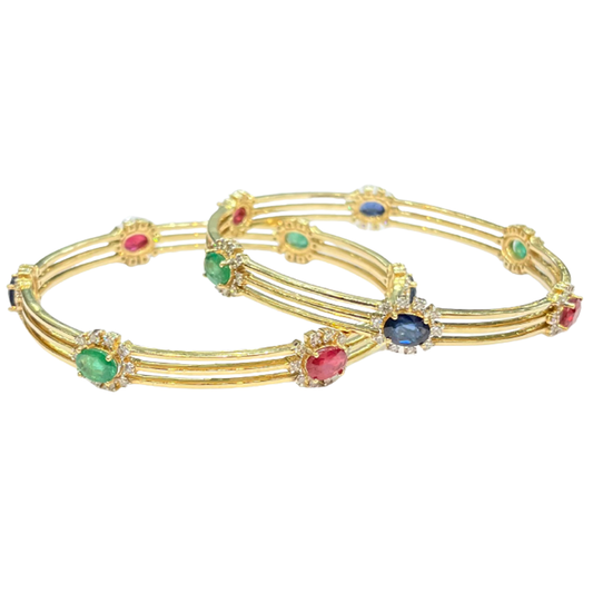 Roshan's Diamond-Ruby-Emerald-Sapphire Bangles (Pair) - Studded in Yellow Gold