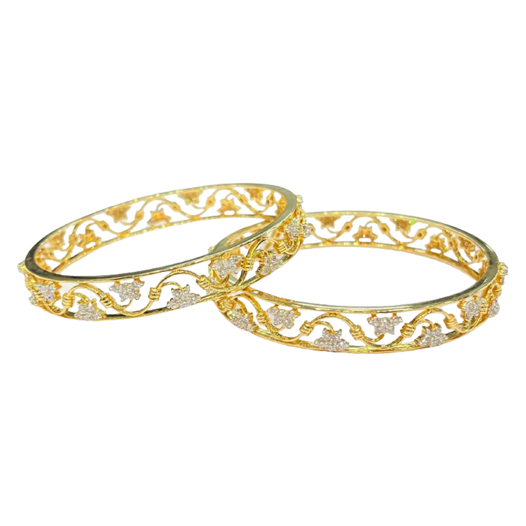 Roshan's Floral Design Diamond Bangles Pair in Yellow Gold