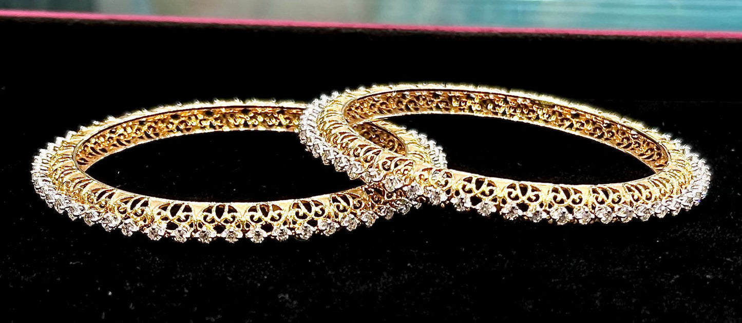 Glitters Sleek Running Diamond Bangles Pair in Yellow Gold