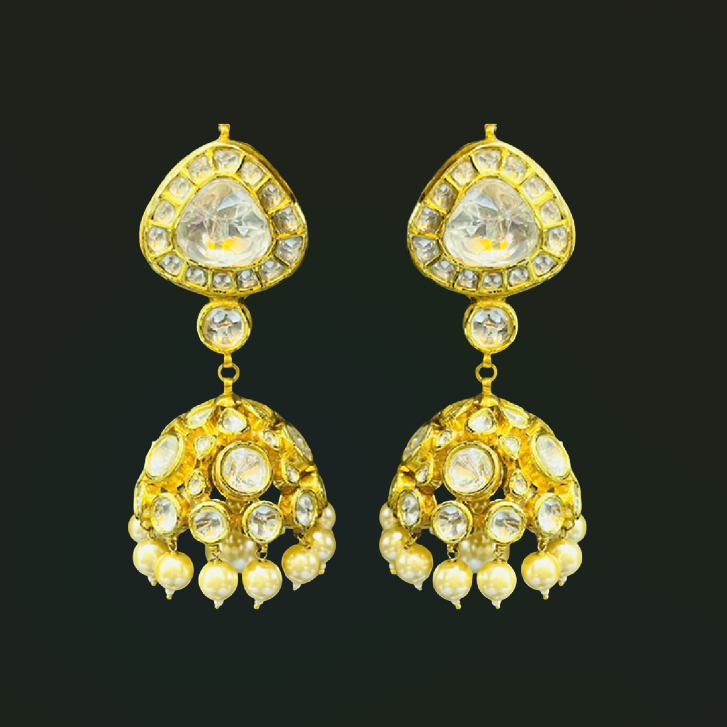 Roshan's 22KT Kundan Jhumke Pair with Pearls Hanging