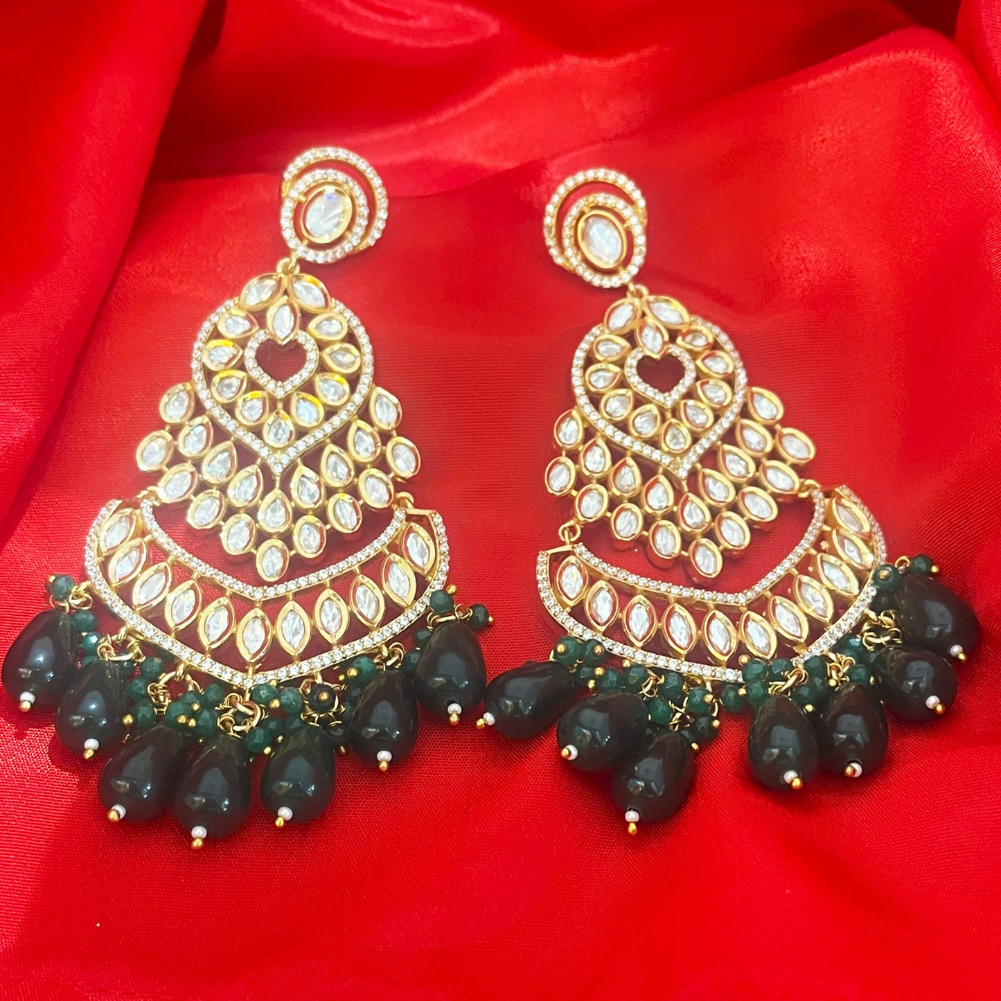 Silver Kundan-Look Danglers with Green Drops