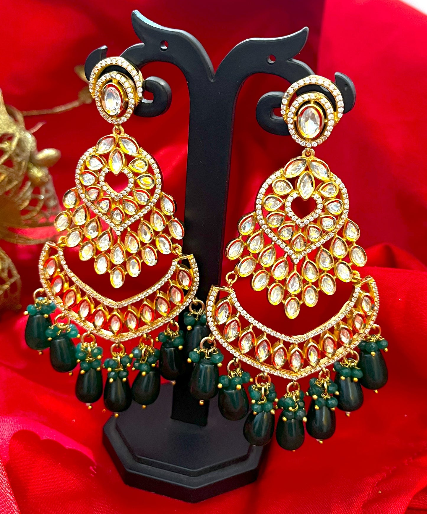 Silver Kundan-Look Danglers with Green Drops