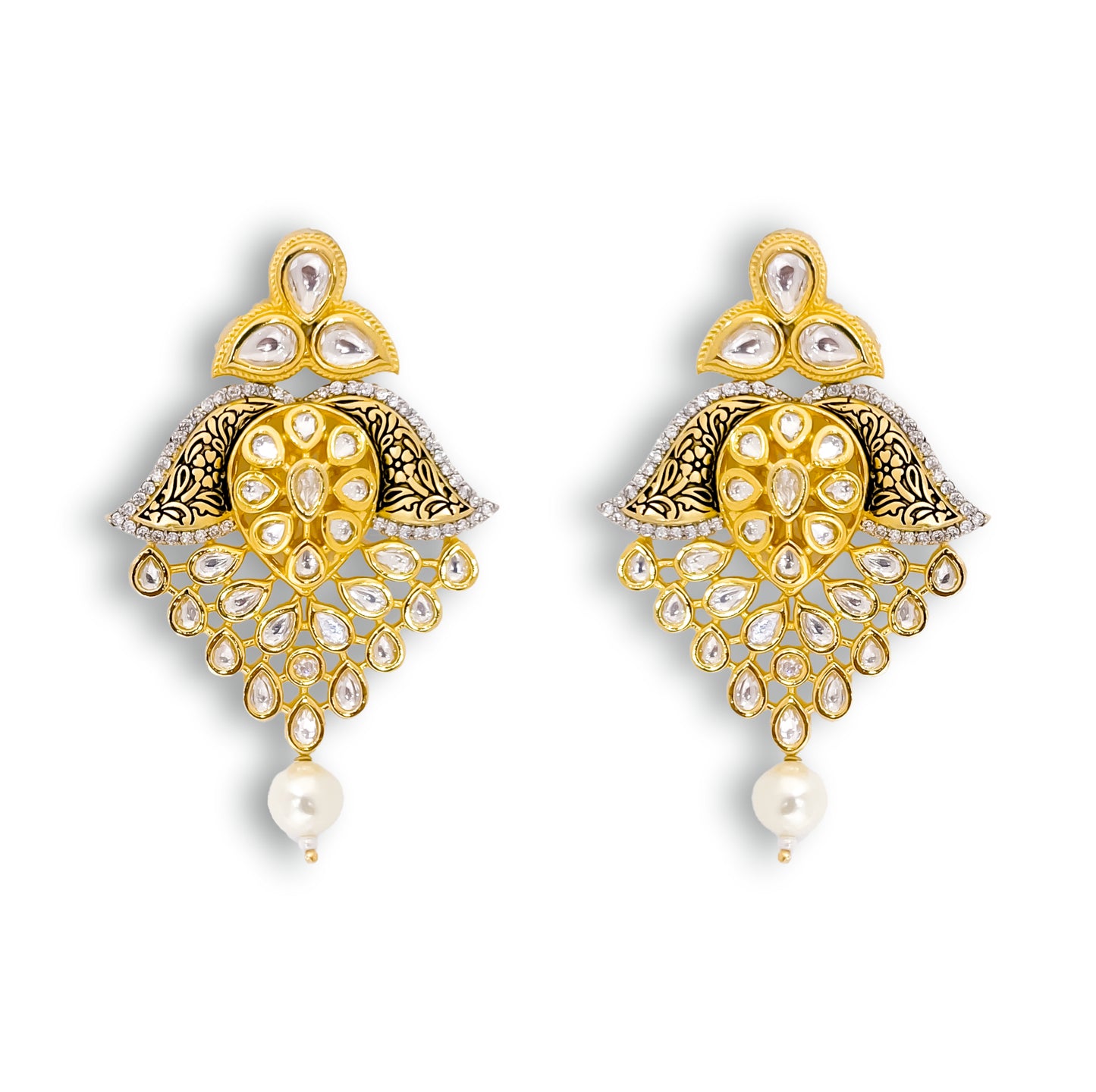 Kundan-Style 925 Silver Danglers with Gold Plating - Studded with CZ & Pearls