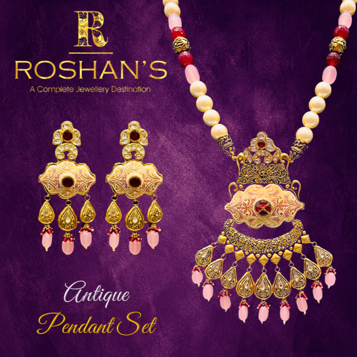 Roshan's 22KT Antique Pendant Set with Enamel, Pink Hangings & Mixed Pearl Mala