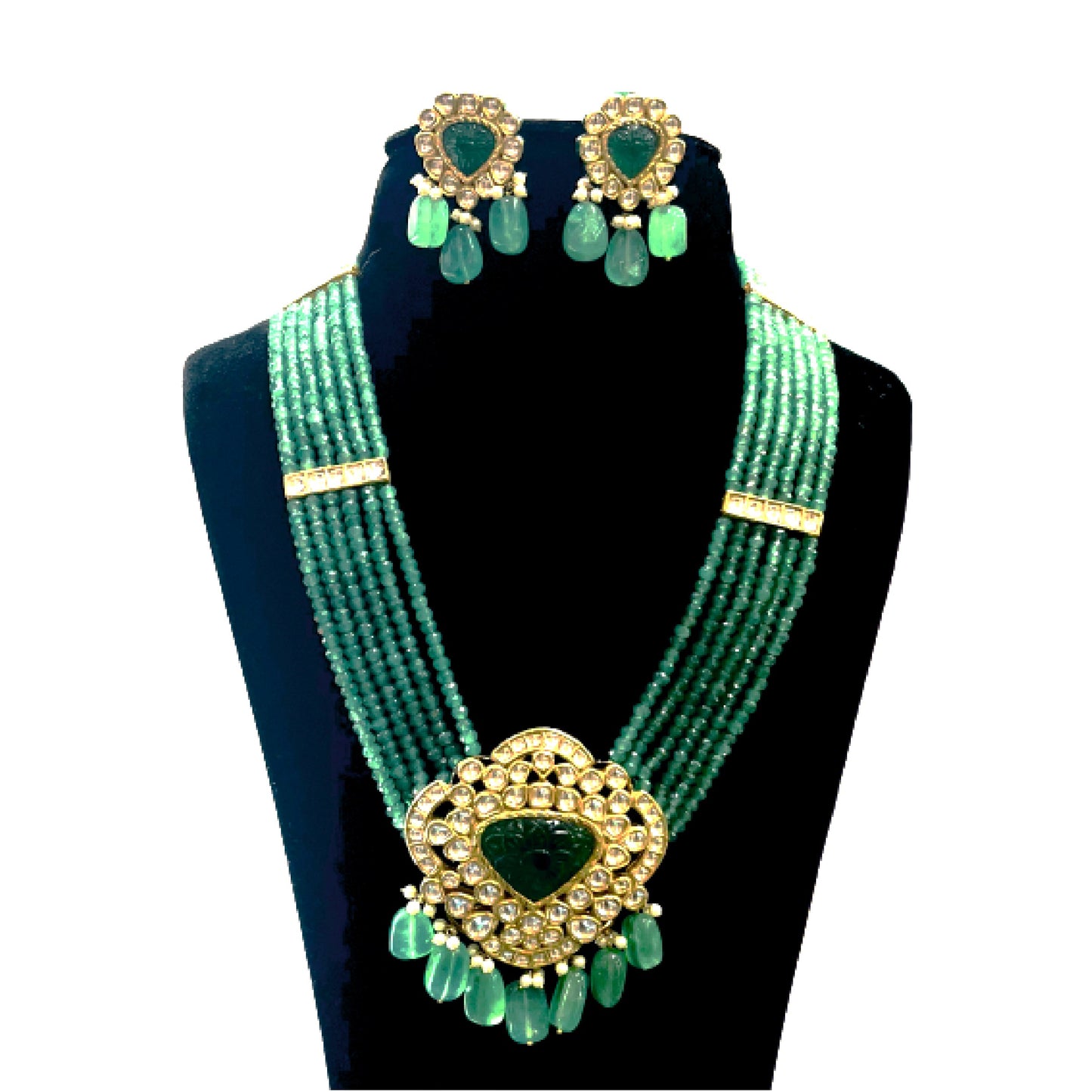 Roshan's 22KT Kundan Pendant Set with Green stones