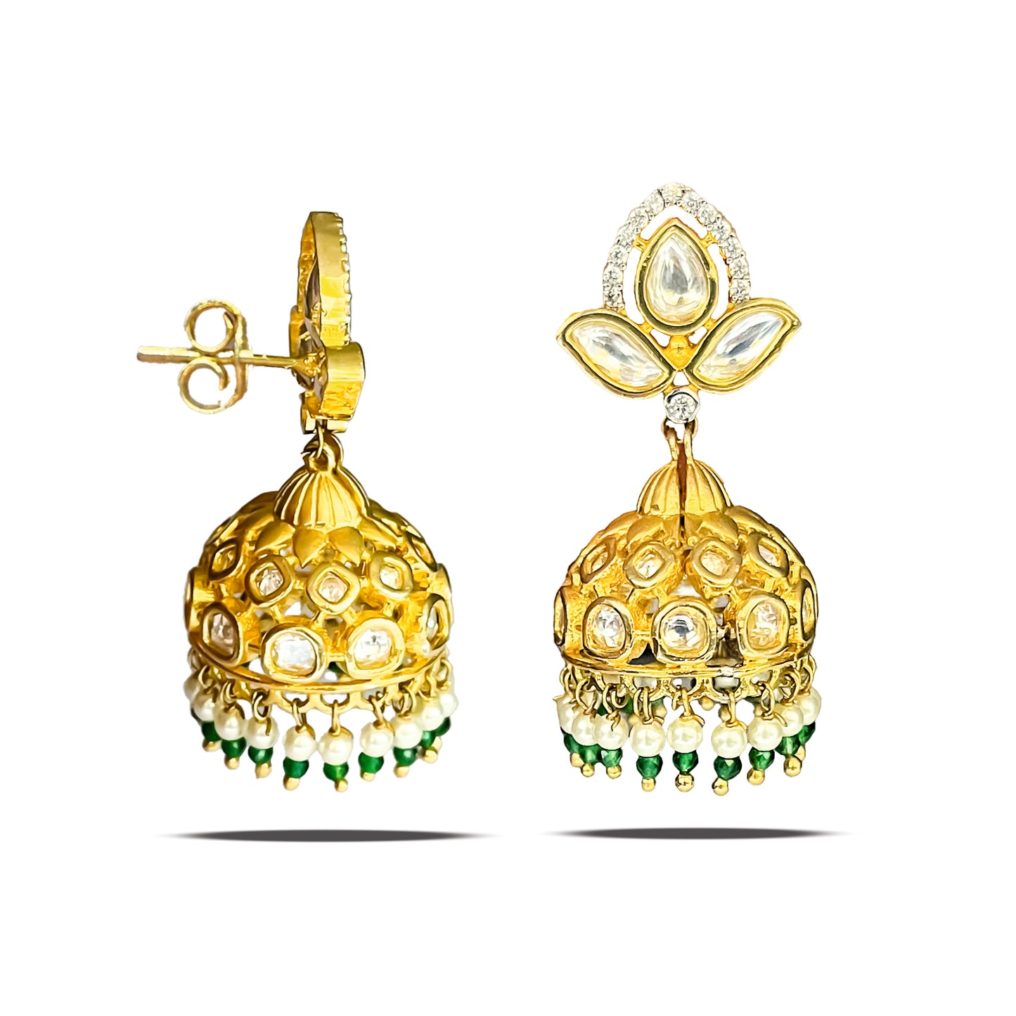 Kundan-Style 925 Silver Jhumke with Gold Plating - Studded with CZ, Pearls & Green Stones