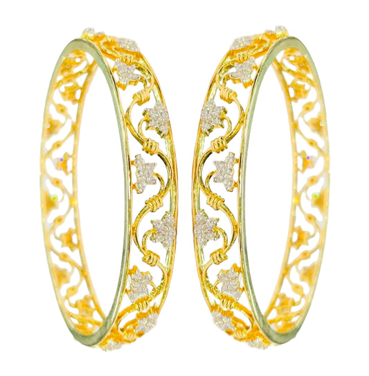 Roshan's Floral Design Diamond Bangles Pair in Yellow Gold