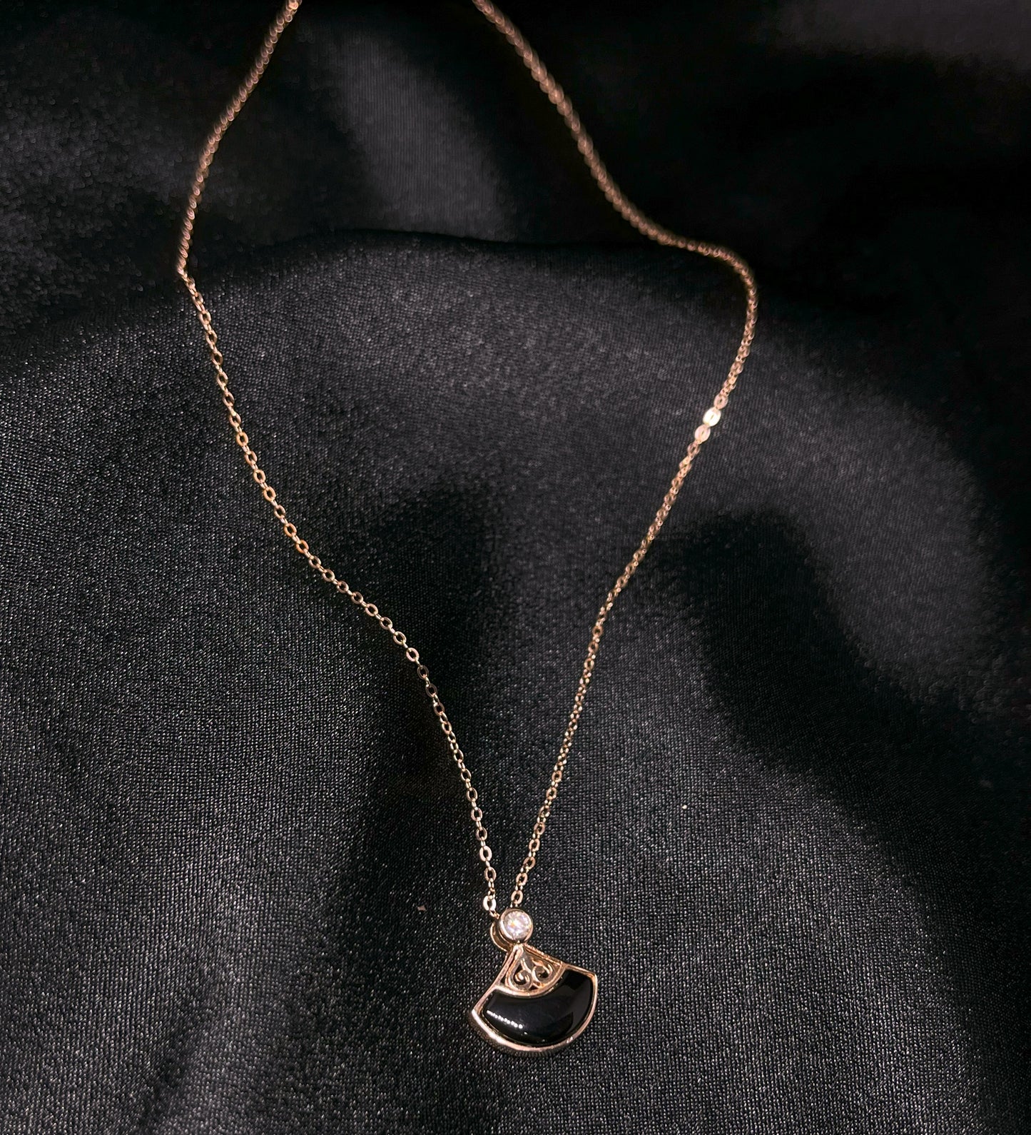 Sleek Silver Necklace with Rose Plating and Black Enamel Work