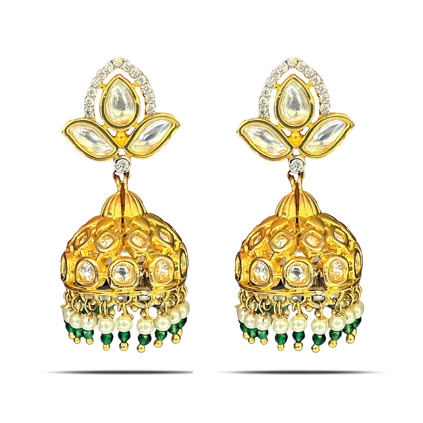 Kundan-Style 925 Silver Jhumke with Gold Plating - Studded with CZ, Pearls & Green Stones